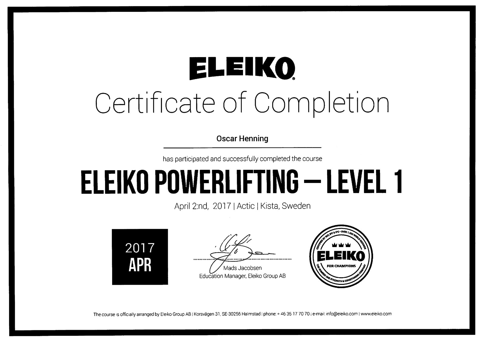 Diplom Eleiko Powerlifting Level 1