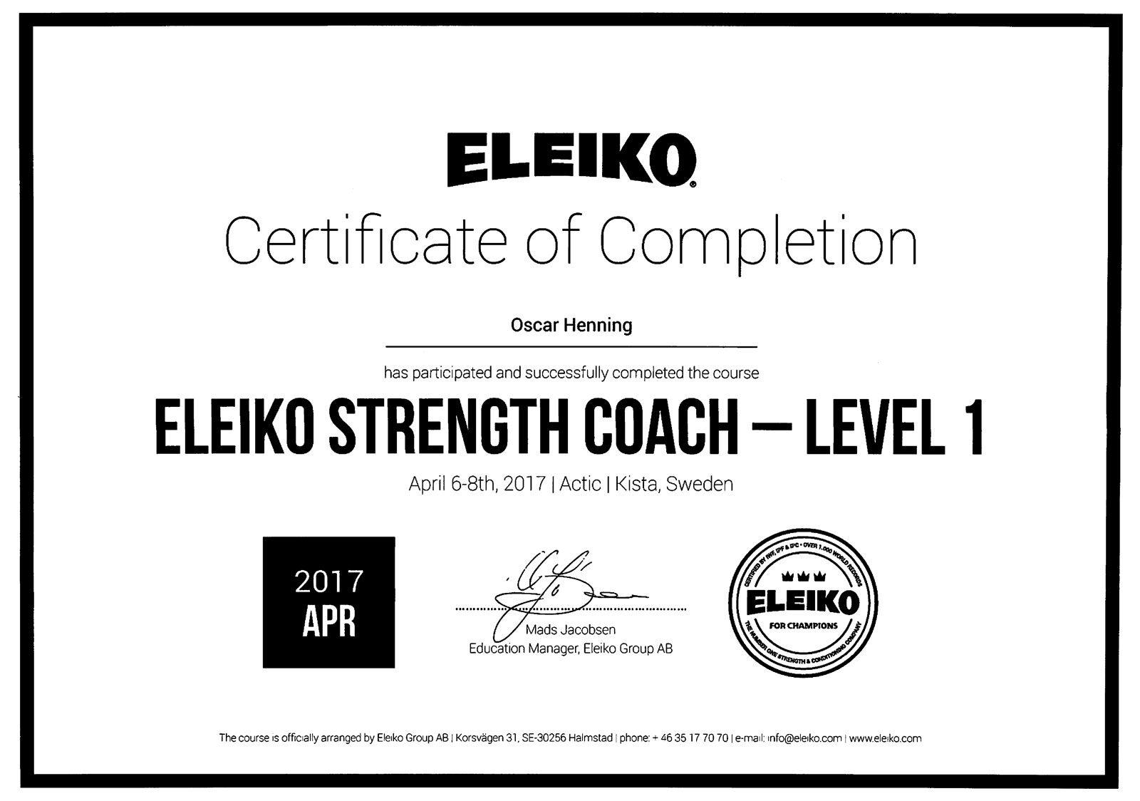 Diplom Eleiko Strength Coach Level 1